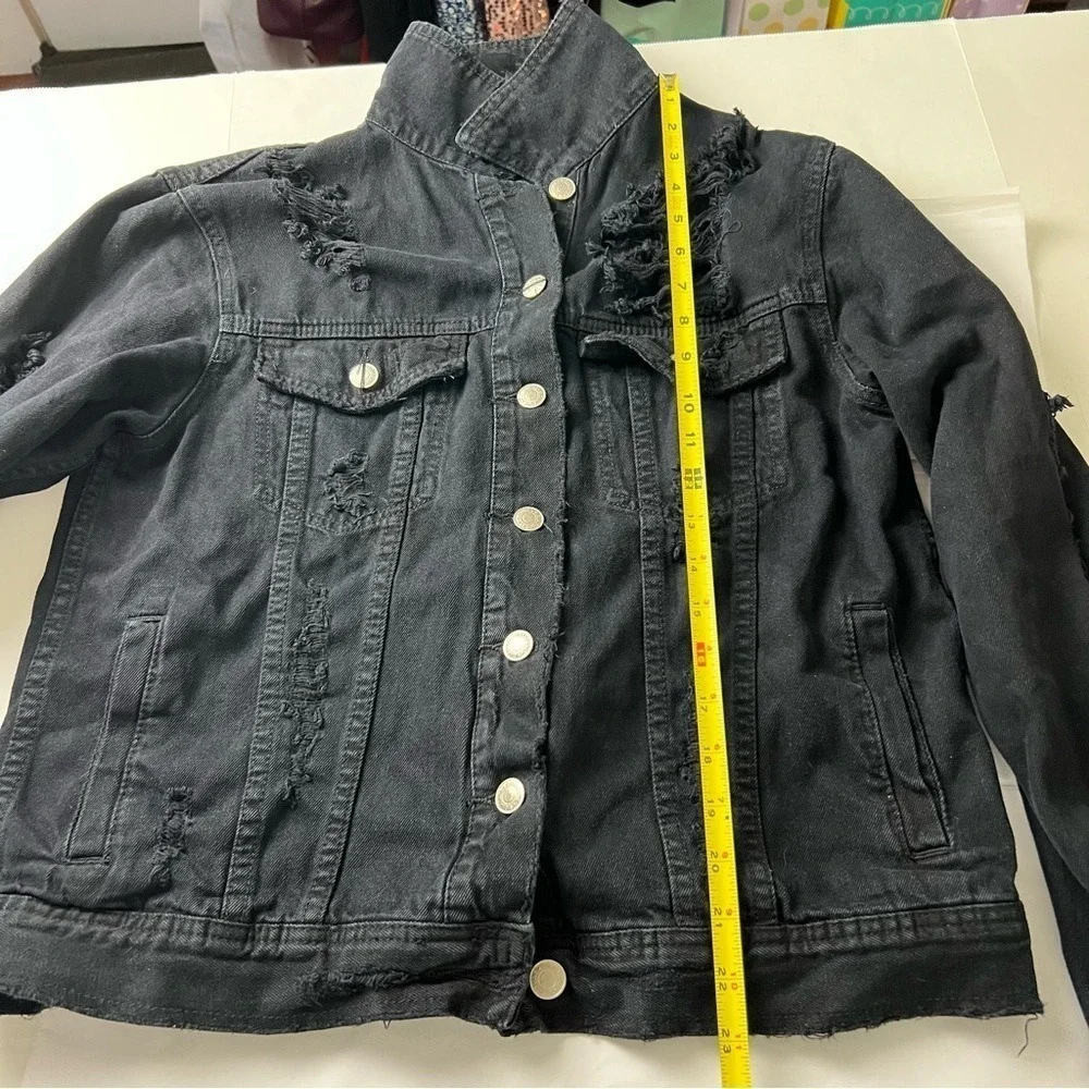 ASOS Thrashed Black Denim Trucker Jacket Destroyed Distressed Size Medium - Picture 8 of 14
